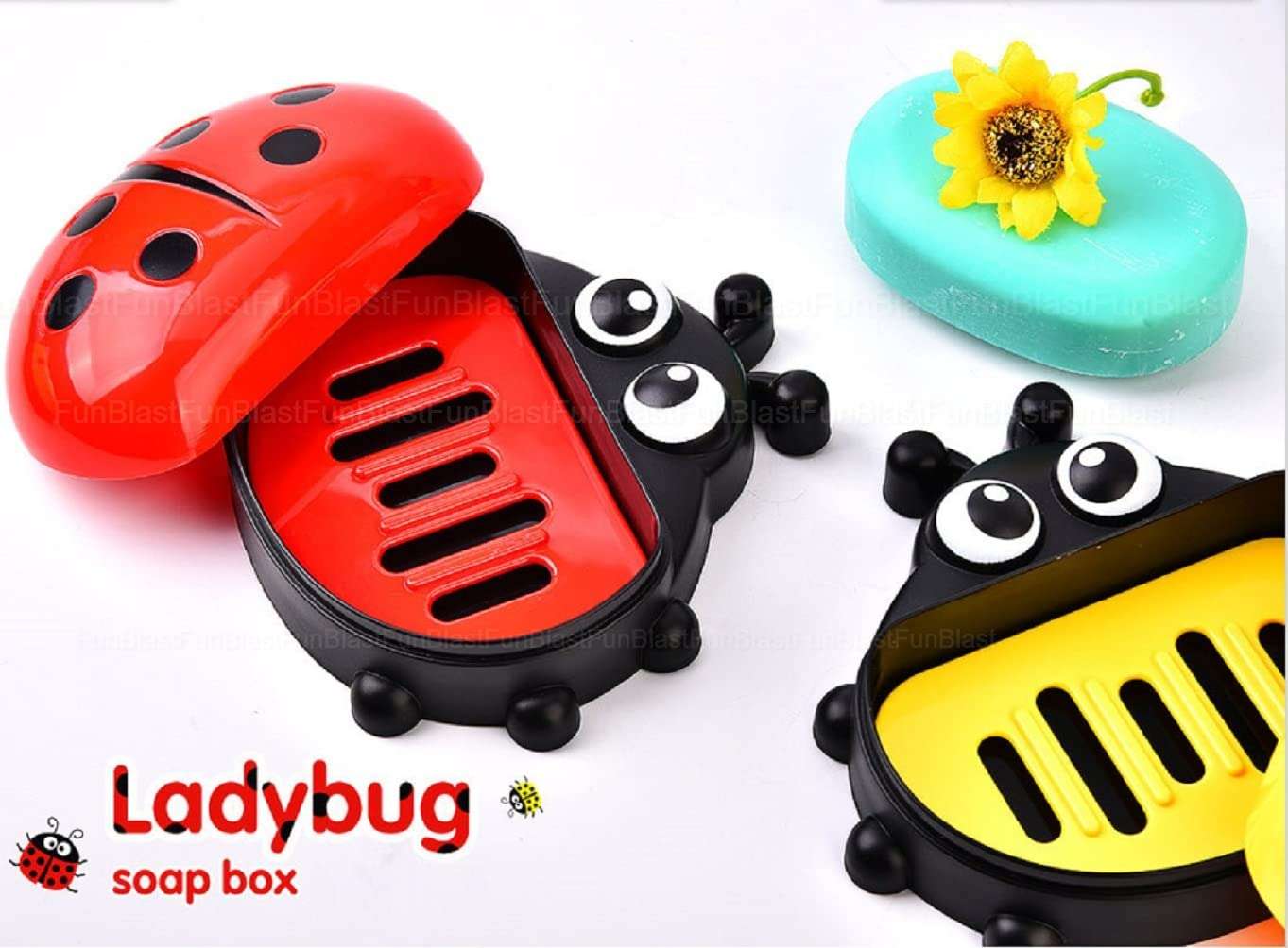 FunBlast Soap Box Holder with Cover – Lady Bug Design Soap Case for Kids Bathroom and Basin, Soap Dish Holder, Double Layer Drain Compartment Soap Tray with Cover (Red) 4
