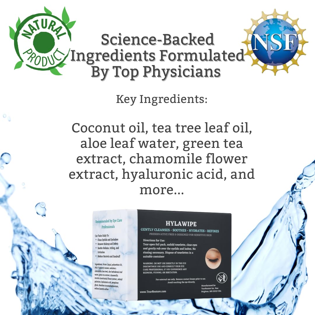 TearRestore Tea Tree HylaWipe Eyelid Wipes - 30 Count | Hydrating Eye Lid Cleanser | Blepharitis Treatment for Eyelids | Eye Lid Cleansing Wipes | Eyes Wipe for Dry, Red, Itchy, And Irritated Eyes 4