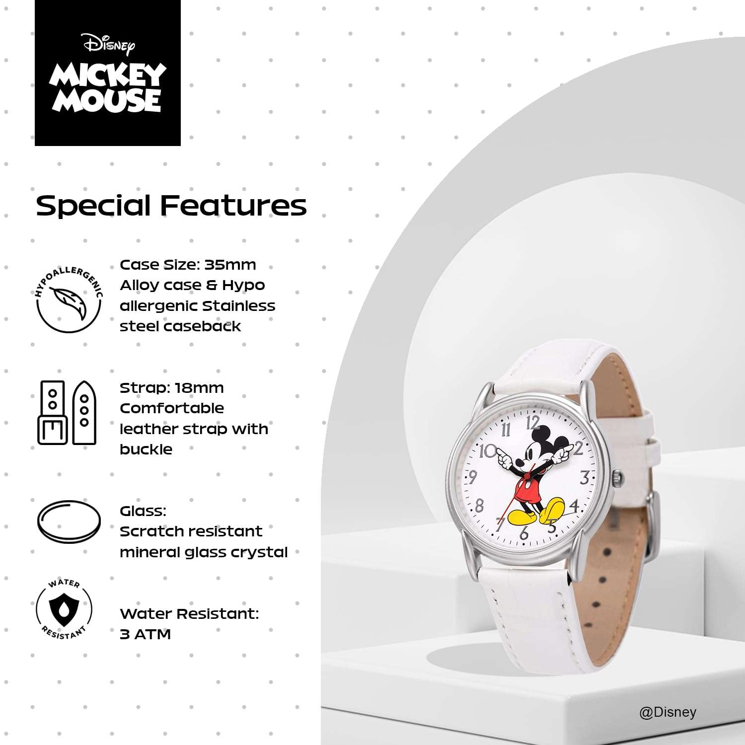 Disney Mickey Watch - Watch for Men - Mickey Mouse Watches for Men - Toys - 90s Mouse - Vintage - 's Articulating Hands - Silver Case - White Leather Strap 4