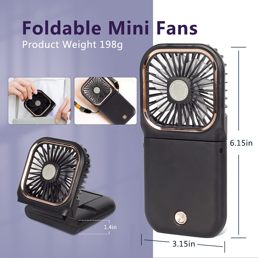 Portable Mini Fan Small Battery Operated Fan 5 in 1 as Power Bank,Phone Holder,Handheld Fan,Desk Fan, USB Rechargeable Personal Hand Fans,3000 mAh Power Bank,3 Speed Adjustable, Neck lanyard, Black 5