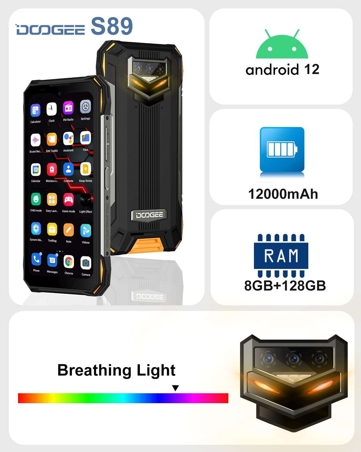 DOOGEE S89 Rugged Smartphone(2022), 12000mAh Massive Battery Android 12 Rugged Phone Unlocked, 33W Fast Charging, 8GB+128GB IP68 Waterproof Cellphone, Night Vision, Breathing Light, NFC, Dual 4G 2
