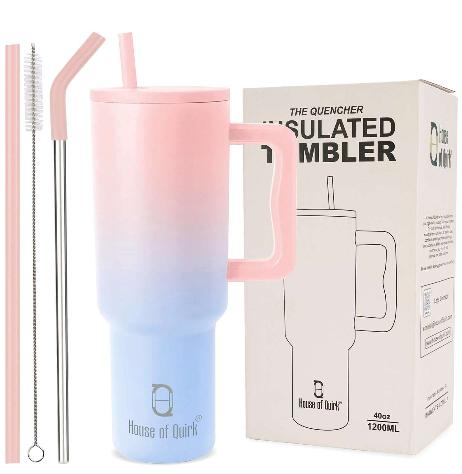 House of Quirk 1200ML Stainless Steel Tumbler Hot and Cold with Handle and Lid 2 Straw, Double Insulated Cup Leak Proof Mug Cupholder for Gym, Travelling (Cotton Candy Haze) 1