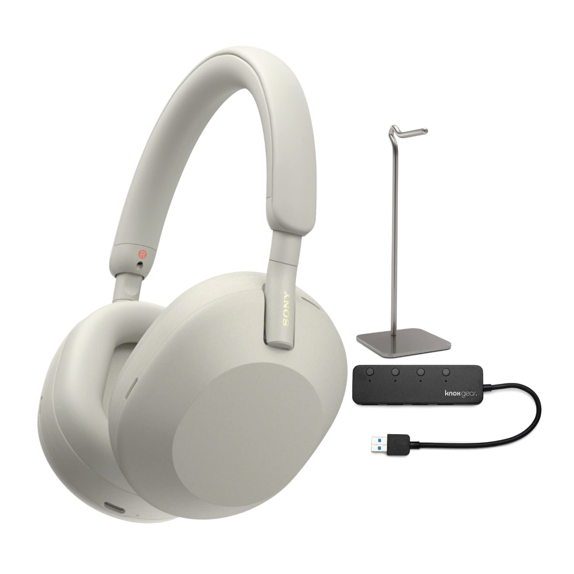 Sony WH-1000XM5 Wireless Noise Canceling Over-Ear Headphones (Silver) with Knox Gear 4-Port USB 3.0 Hub and Alloy Headphone Stand Bundle (3 Items) 1