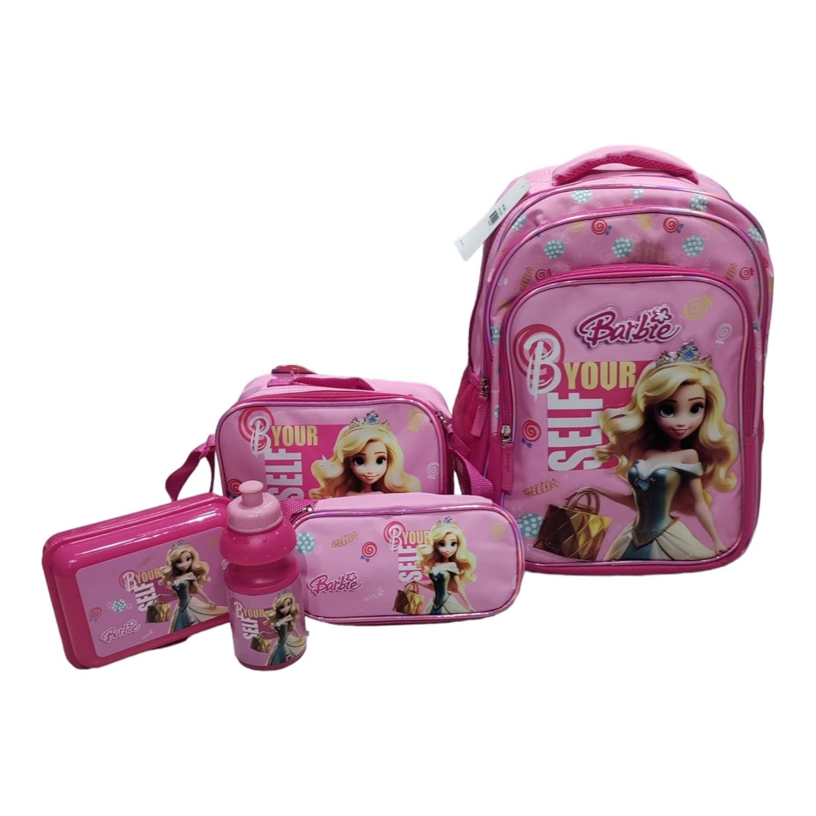 MT HUB 5 in 1 School Set Combo School Backpack, Lunch Bag, Pencil Case, Lunch Box & Waterbottle for Kids 1st to 5th Class Students (Set of 1) (BARBIE) 1