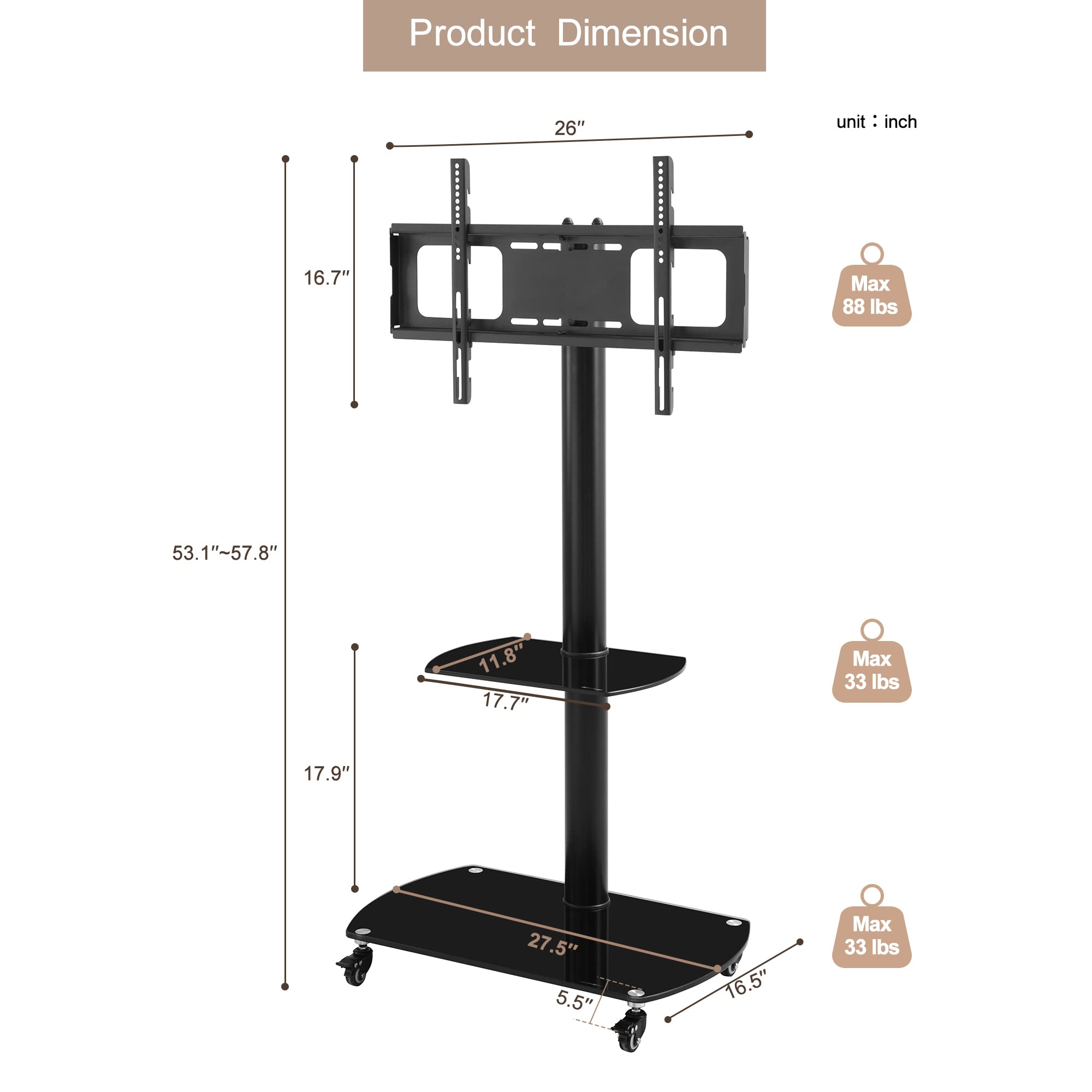 2 Tier Mobile TV Stand, Height and Angle Adjustable Multi-Function Tempered Glass Metal Frame with Lockable Wheels LCD/Plasma Floor TV Bracket for 32-65 inchs TV 4