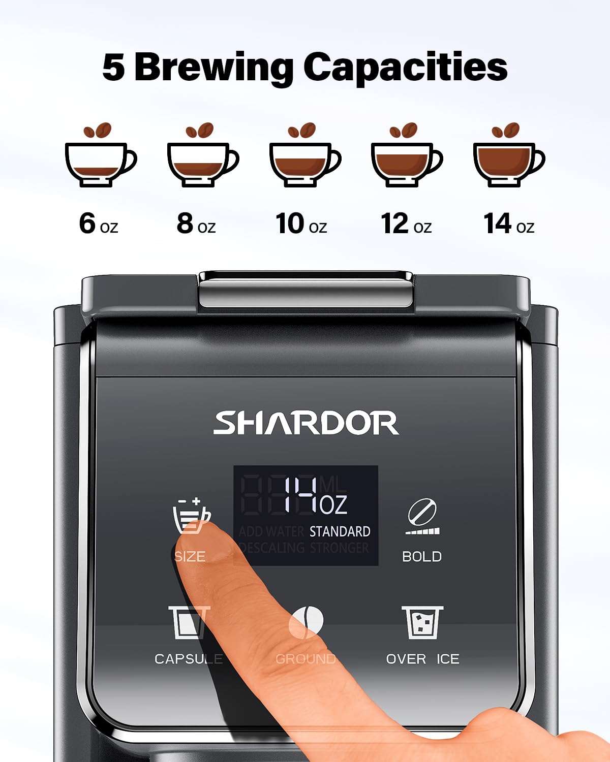 SHARDOR Coffee Maker Hot & Iced With Bold Setting, Single Serve Coffee Maker For K Cup and Grounds, 52oz Removable Water Tank, 6 to14oz Brew Sizes, One Cup Coffee Machine With Reusable Filter, Gray 6