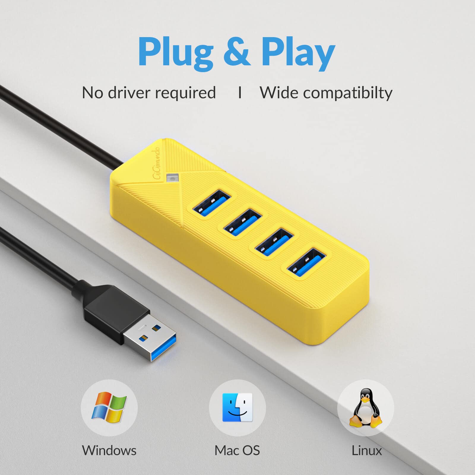 GiGimundo PG4U-U3 4-Port USB 3.0 Hub - 0.15M Cable, 5Gbps High-Speed Data Transfer, Multi USB Port Expander for Windows/Mac/Linux, USB Splitter for PC, Laptop, Mac/MacBook Air/Pro - Black 4