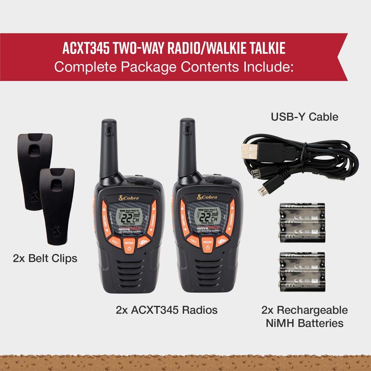 Cobra ACXT345 Weather-Resistant Walkie Talkies - Rechargeable, 22 Channels, Long Range 25-Mile Two-Way Radio Set (2-Pack) 6