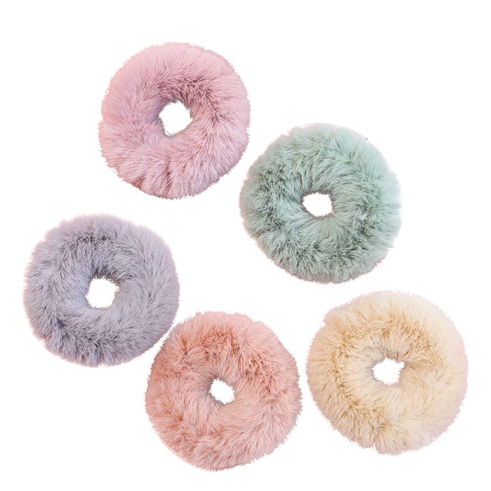 Beaupretty Rabbit Fur Hair Scrunchies,Sweet Rabbit Faux Fur Fluffy Ball Pom Pom Scrunchies Ponytail Holder,5pcs (Random Color) 1