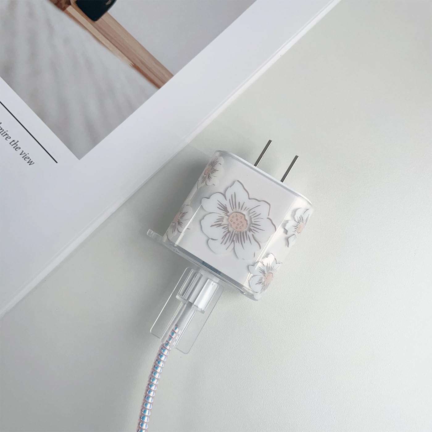 Faneiy for Apple 20W USB-C Power Adapter Charger Protective Case with USB Lightning Cable Cover,Cute Women Flower Floral Data Cable Phone Charger Data Line Earphone Wire Protector,White 3