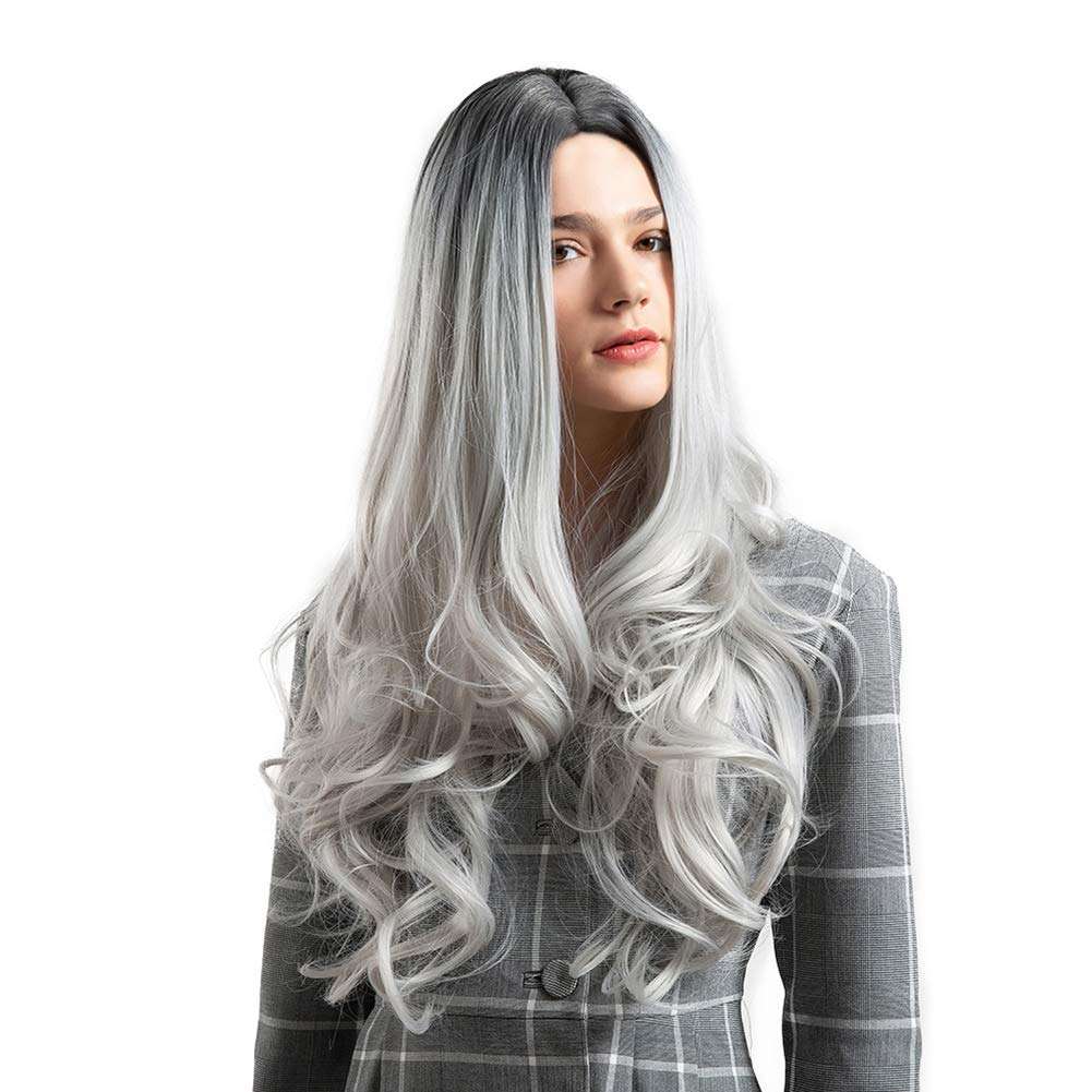 Black Grey Gradient Long Curly Faux Hair Wig Women Party Cosplay Hairpiece 4