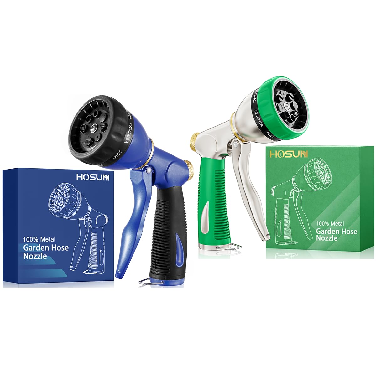 HOSUN Garden Hose Nozzle Sprayer Heavy Duty, 100% Metal Water Hose Nozzle with 8 Spray Patterns, High Pressure Hose Spray Nozzle with Non-Slip Grip for Watering Plant & Lawn, Washing Car & Pet, Green 1