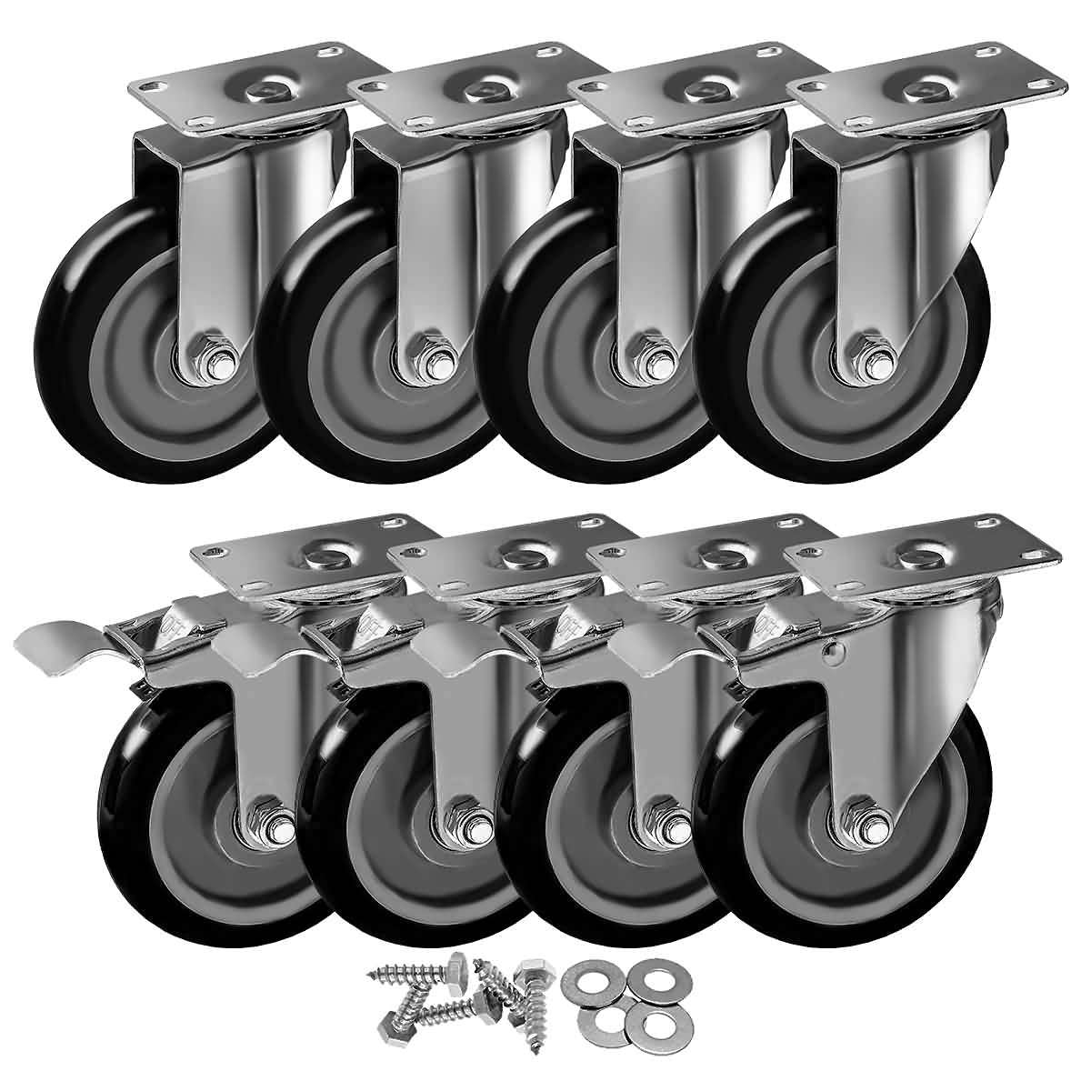 8 Pack 5 Inch Combo Caster Swivel Plate 4 w/Brake & 4 Plate Heavy Duty on Black PU Wheels with Heavy Duty Screws 1