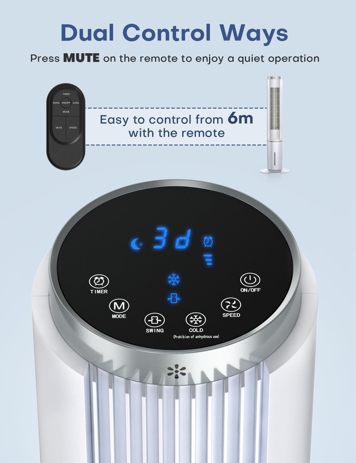 HIFRESH 107CM Tower Fan for Room w/Cooling Function, Bladeless Tower Fans for Home, Remote & Touch, 4 Modes & 3 Speeds, 26Ft Air Throw, 12H Timer, 4 Ice Packs, Auto Rotation, Low Power Consumption 4
