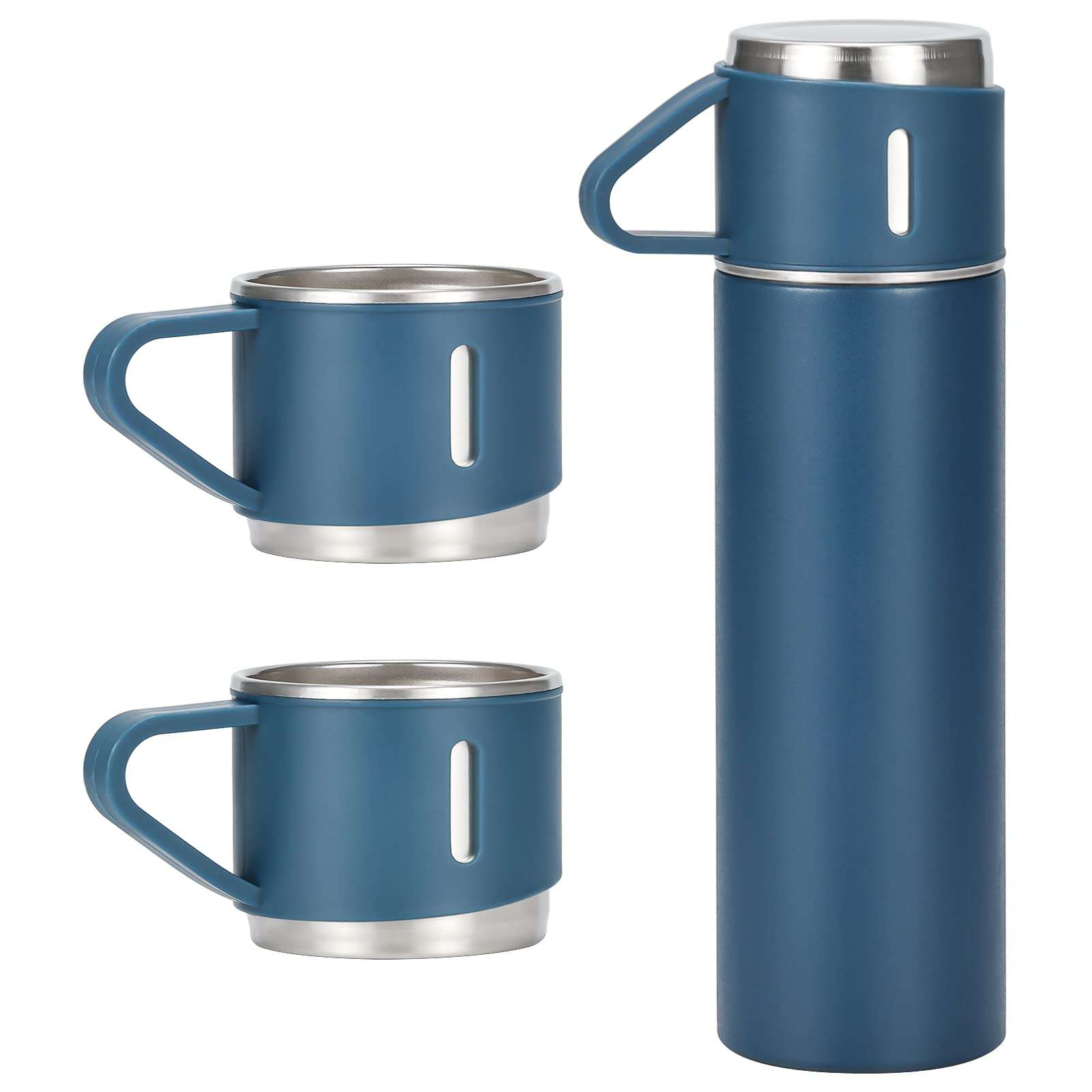 MUCR 500ml/17 OZ Stainless Steel Coffee Thermo Vacuum Flask Set, Insulated Water Bottle with Three Cup for Hot and Cold Drinks, Blue 2