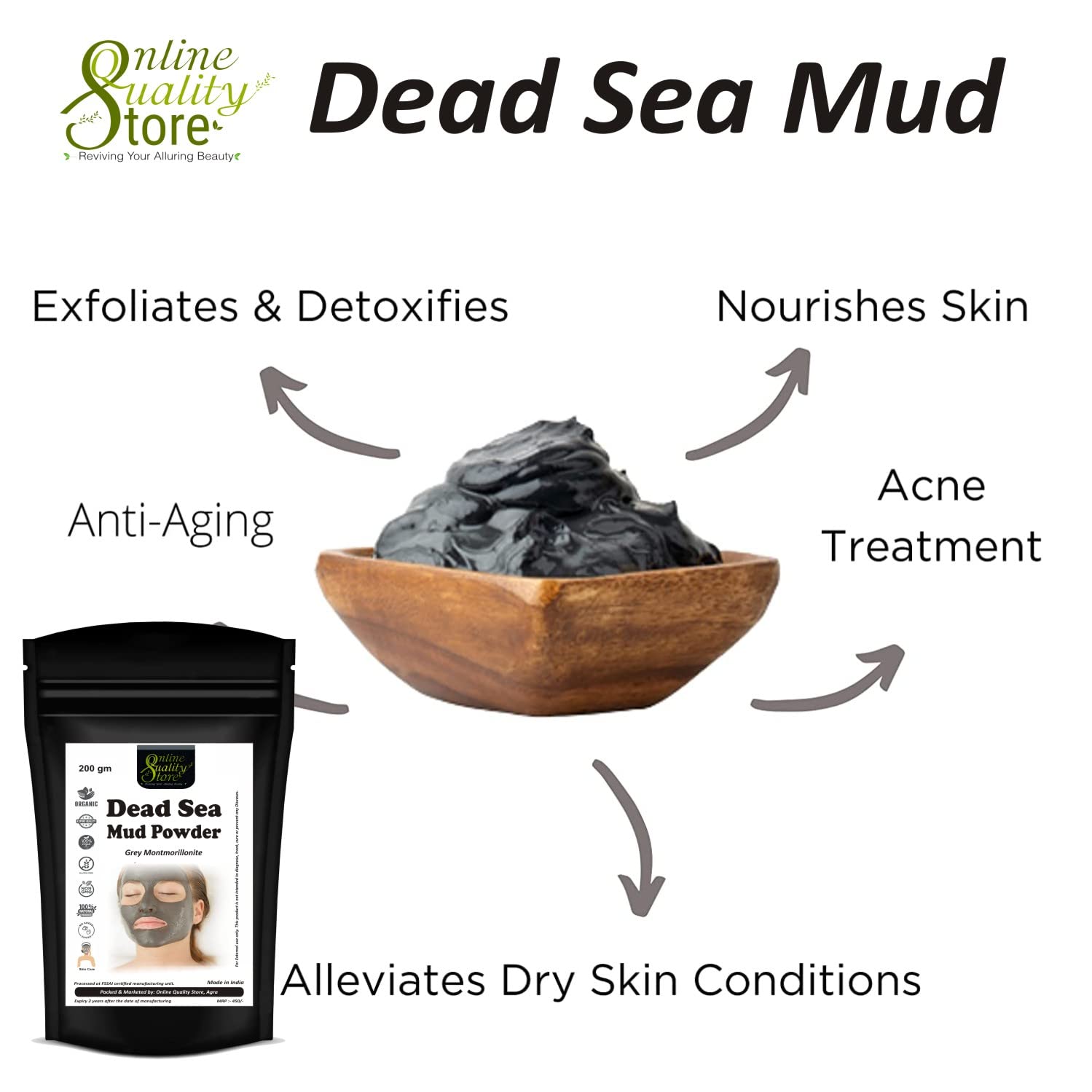 Online Quality Store Dead Sea Mud Powder - 200gm, for Face, Body & Hair | 100% Natural Dead Sea Mud Mask for Face | Face Mask| Dead Sea Mud Revitalizing, Exfoliating Powder Face Pack 5