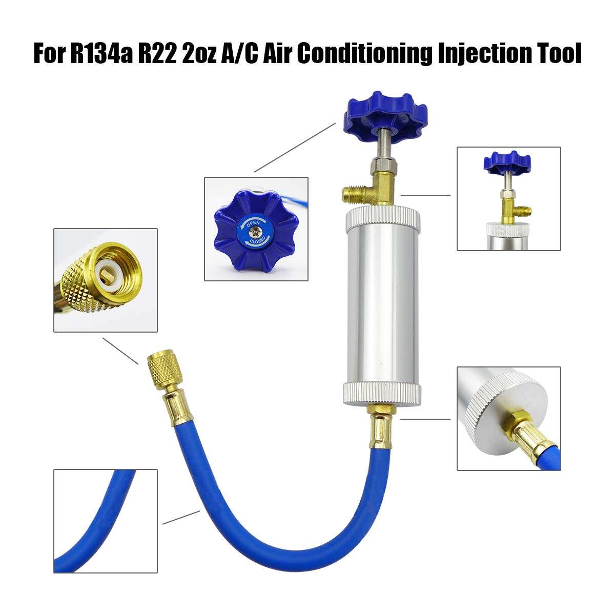 R12 AC Oil Dye Injector, R134A R12 2oz A/C Air Conditioning Injection Tool, Quick Coupler Refrigerant Oil and Dye Injector Tool, Female 1/4" SAE x Male 1/4" SAE Knob Type 2