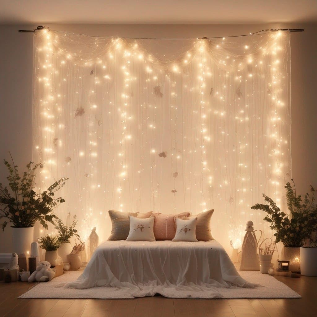 Abhaas Durga Pooja and Ganpati Decoration Items Diwali | Pooja Room Decor Items | Backdrop for Haldi Ceremony with Net Curtains and LED Lights for Decoration with Gajra 6