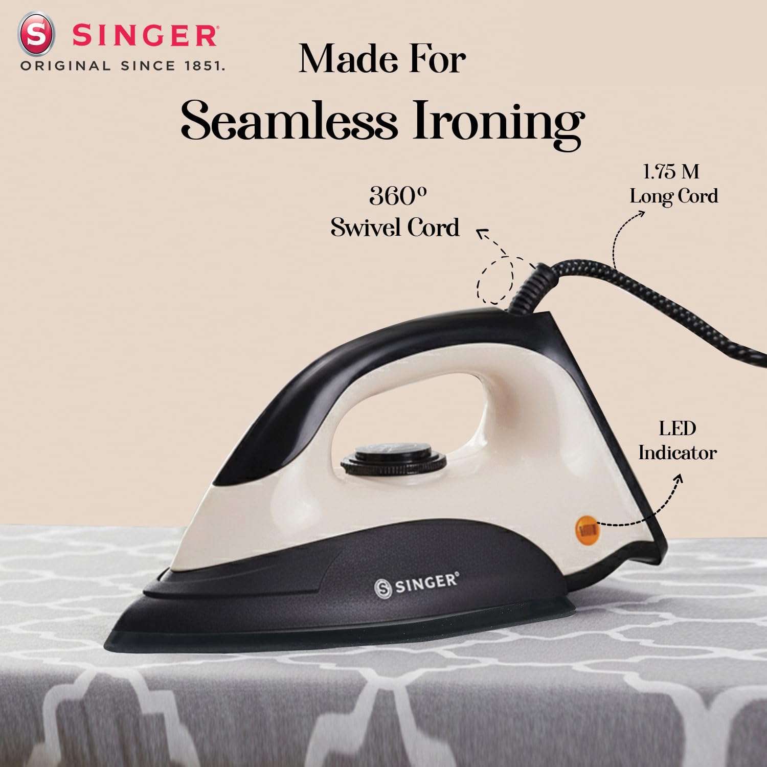 SINGER Auro 1000 Watts Dry Iron | Bigger Sole Plate for Faster Ironing | Uniform Heating with U Shaped Element | Adjustable Temperature Control | 2 Year warranty【 Beige-Black 】 6