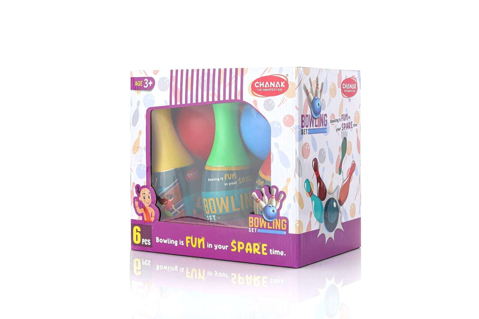 Chanak Plastic Bowling Game Set with 6 Pin and 2 Ball, Multicolor Bowling Set for Indoor & Outdoor Play, Non-Toxic Bowling Game, Suitable for Kids Above 3 Years, BIS Approved (Box Bowling Set) 3