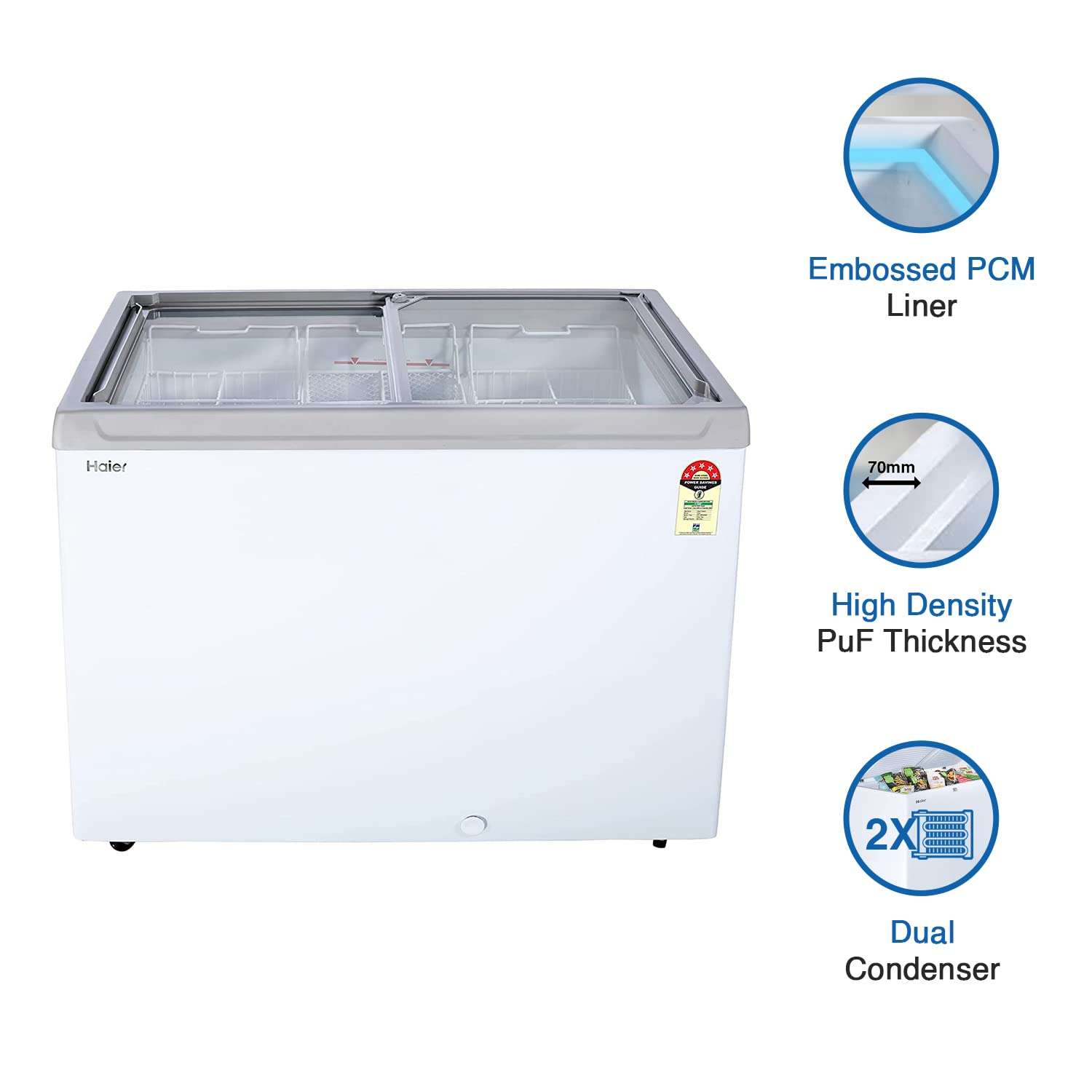 Haier HFC-300GM5-5 star rating double door Glass top model, With inside Metal liner, White 5