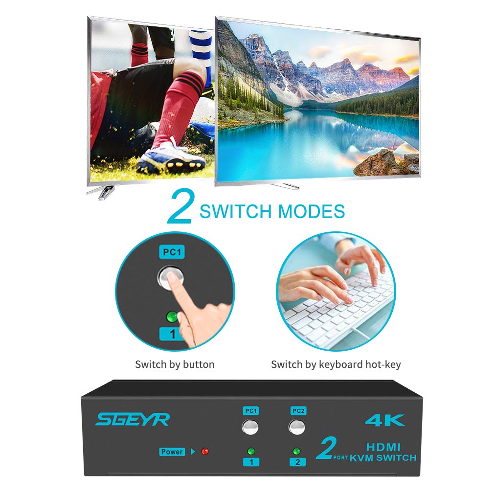 SGEYR 4K KVM Switch HDMI v1.4 2 Port KVM USB Switch 2 In 1 Out Keyboard and Mouse Switcher Support 4K 30Hz Full HD 3D 1080P USB 2.0 Device for TV PC Projector Game Consoles 4