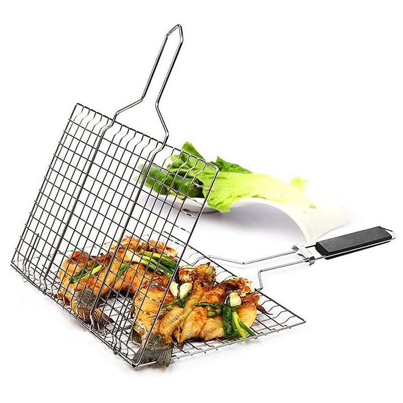 Divvy Chromium Plated Barbecue BBQ Grill Net Basket for Fish Vegetables, Steak Shrimp Chops and Other Food with Wooden Handle 1