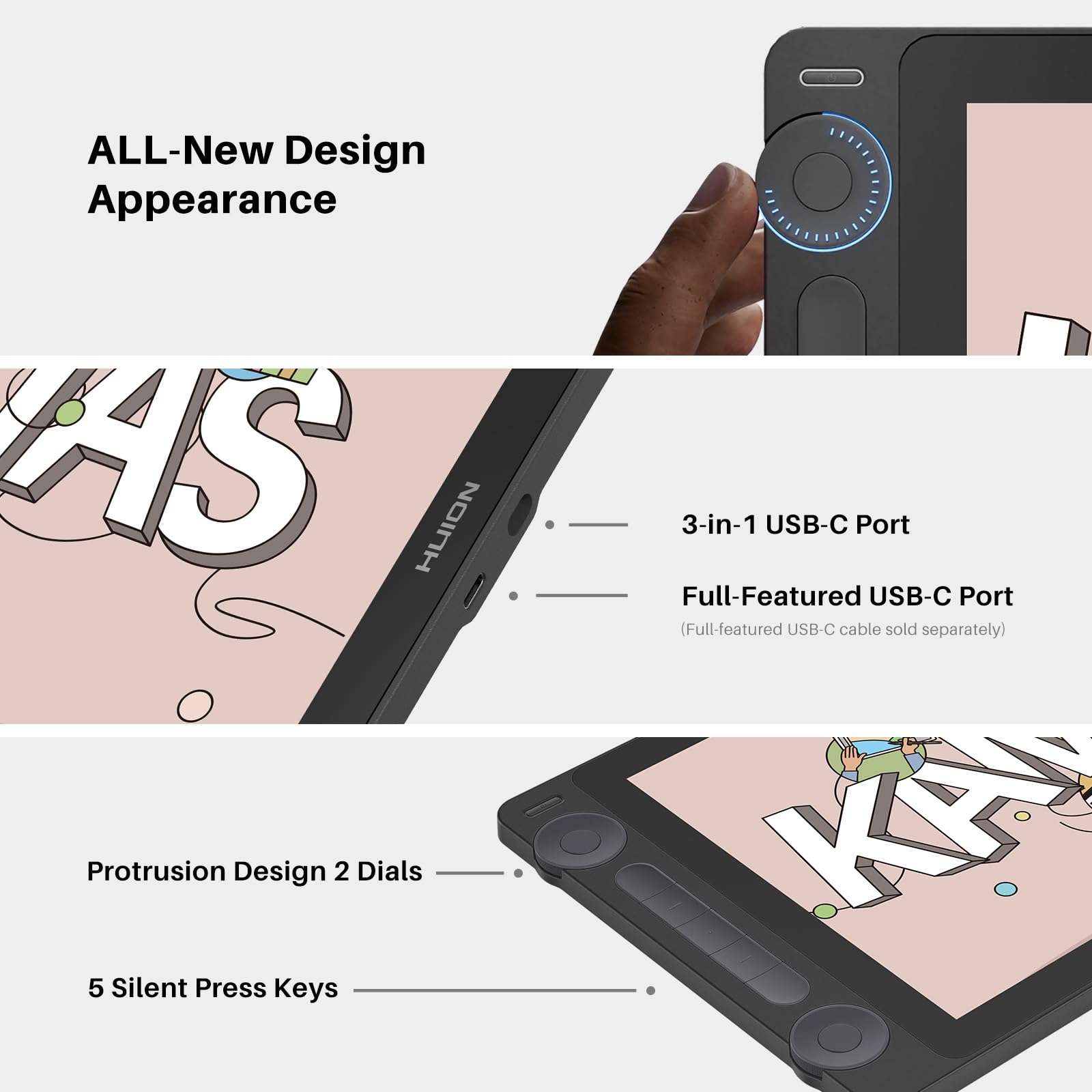 2024 HUION Kamvas 13 (Gen 3) Drawing Tablet with Screen,13.3" Full-laminated Art Tablet with Anti-sparkle Canvas Glass, 99% sRGB, PenTech 4.0, 16384 Pen Pressure, Dual Dial for PC, Mac, Android, Black 6