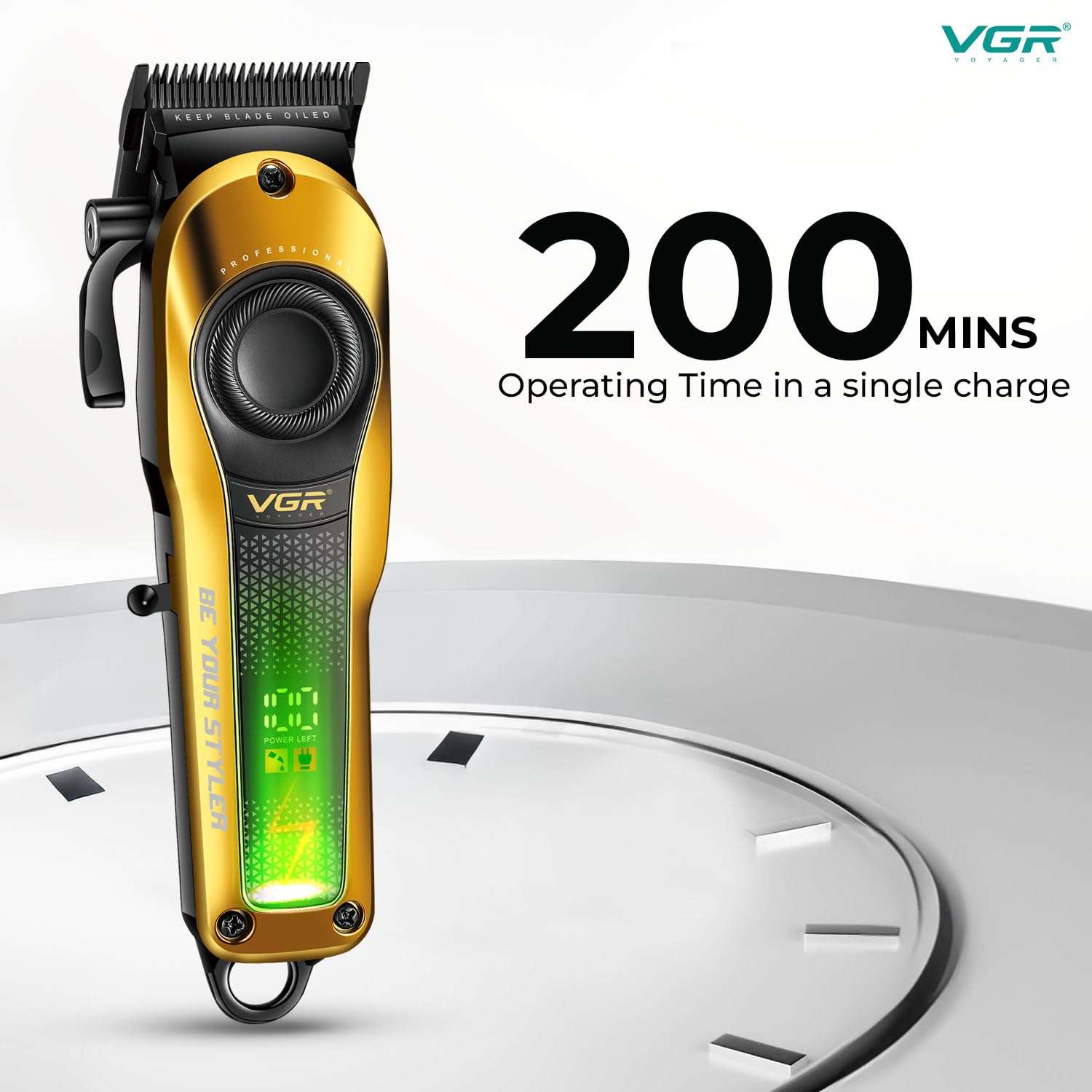 VGR VL-786 Professional Hair Clipper for Men & Salons | Cord & Cordless | Titanium Blades | LED Display | Taper Lever | 6 Guide Combs | 200 min Long Runtime | Fast Charging | 1+1 Year Warranty | Gold 5