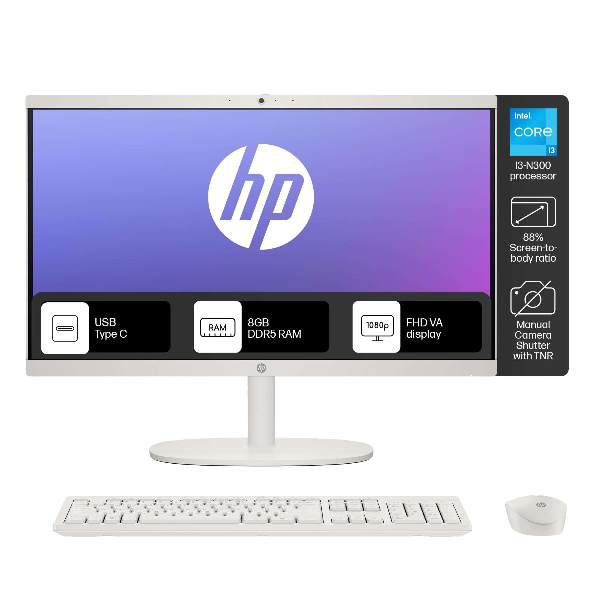HP All-in-One Desktop Intel® Core™ i3-N300,21.5 inch(54.5cm),FHD,Anti-Glare,8 GB DDR5, 512GB SSD,White Wireless Keyboard and Mouse Combo,White, Windows 11, 4.17kg,22-dg0786in 1