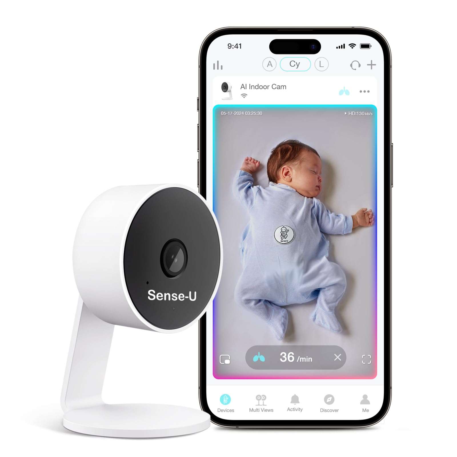 Sense-U AI Baby Camera Monitor with Sensor-Free Sleep Breathing Movement Detection, Smart Security Indoor Video Camera with Background Audio, Sound Detection, No Monthly Fee, for Peace of Mind 1