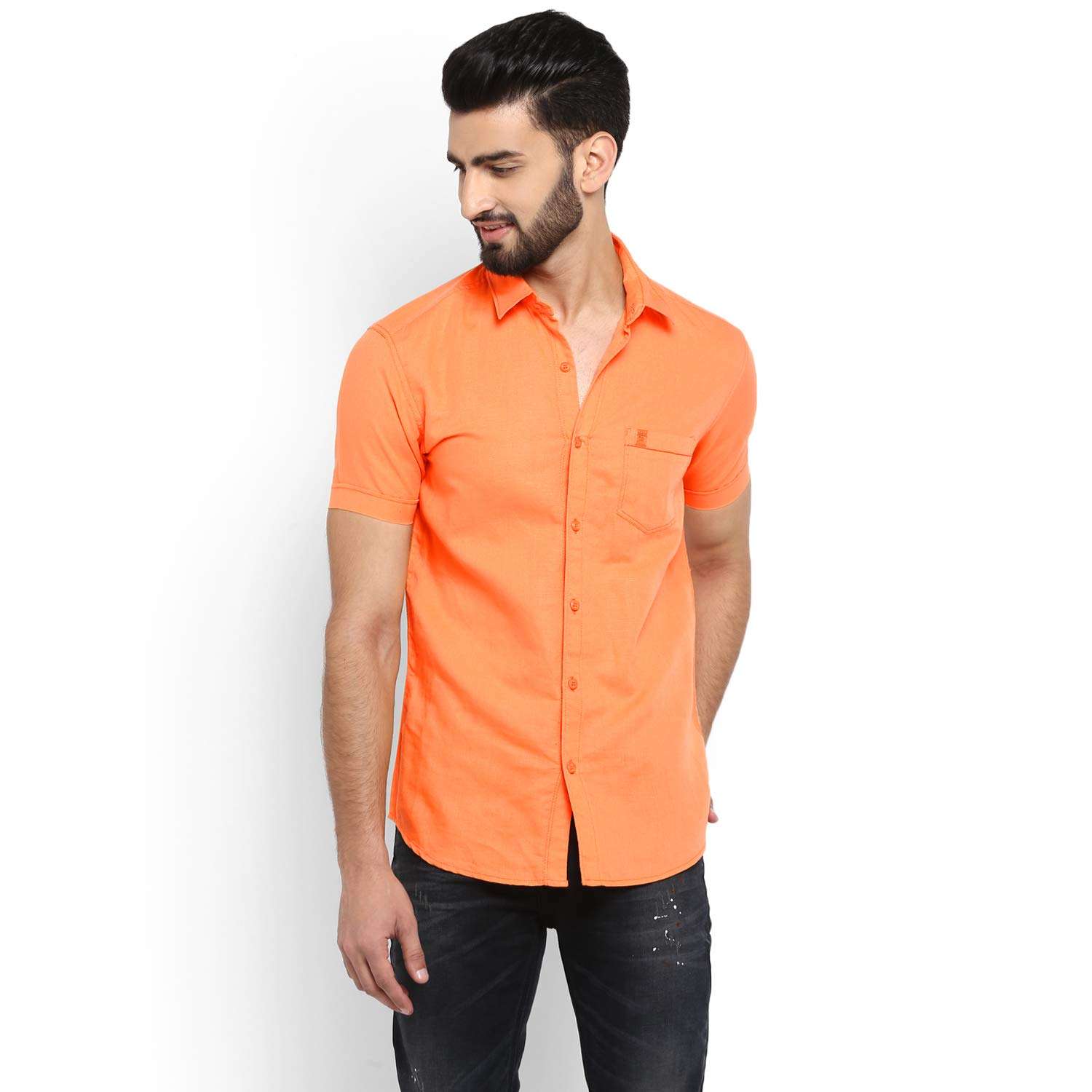 Mufti - MFS-10258-I Men's Solid Orange Half Sleeve Slim Fit Cotton Linen Shirt, 3XL 1