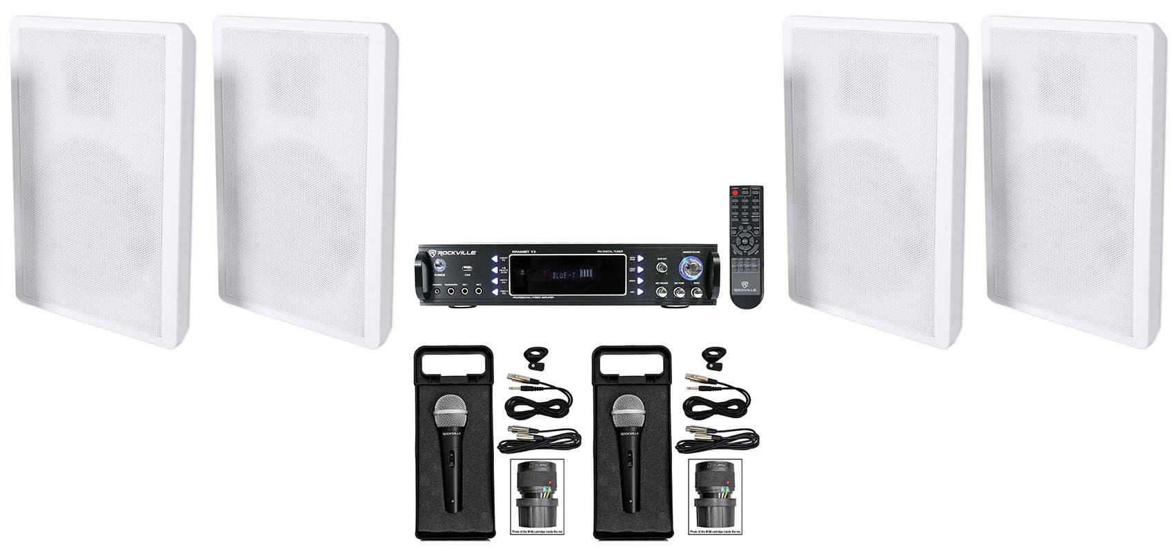 Rockville Bundle: Rockville RPA60BT V2 Amplifier Bundle with Pair of (2) RockSlim 5.25" 240W Wall-Mount Home Theater Slim Speakers, (2) RMC-XLR High-End Metal Handheld Wired Microphones (5 Items) 1