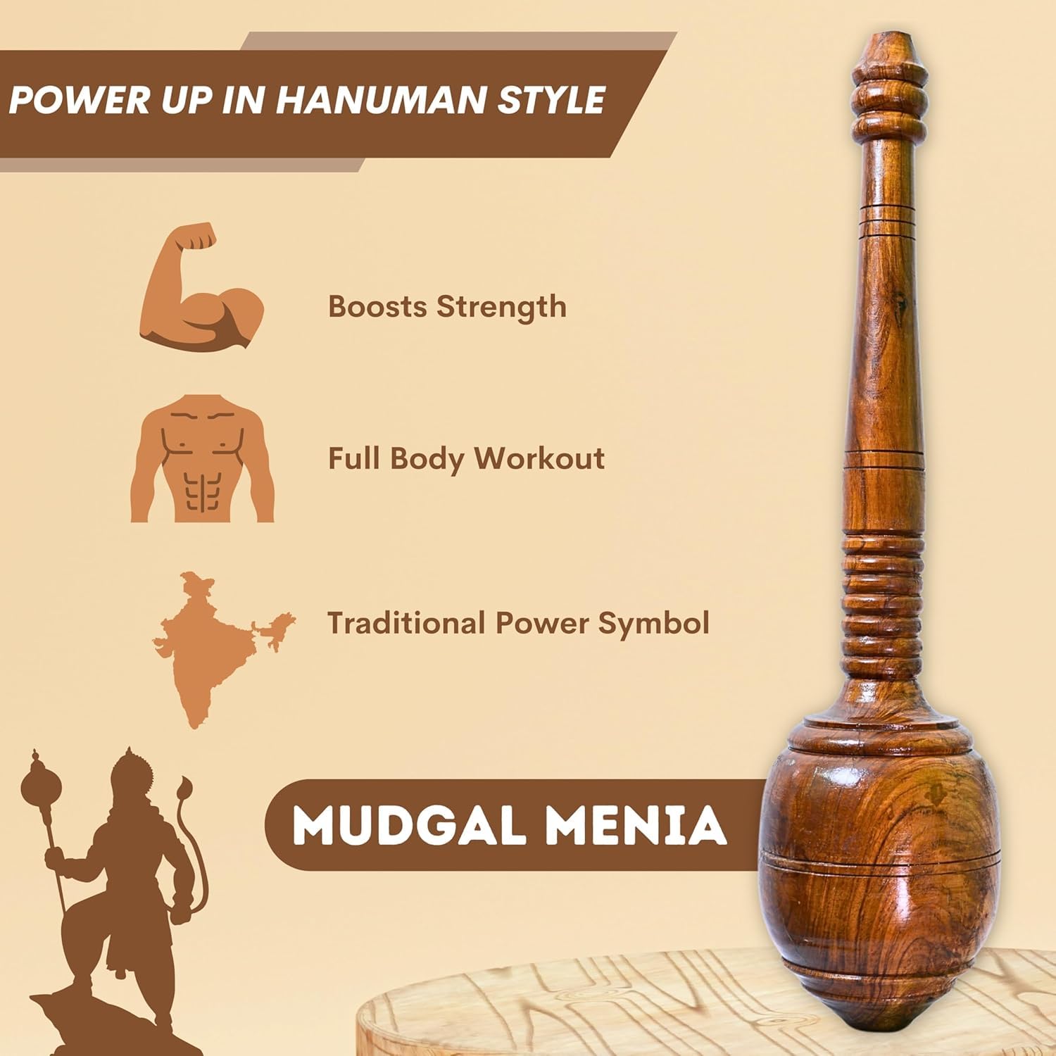 Mugdal Menia Hanuman Gada for Men and Women | Handcrafted Natural Jungle Wood Clubbell | Karla Kattai, Fully Polished with Certification of Authentication | No 1 Quality-(4 KG) 4