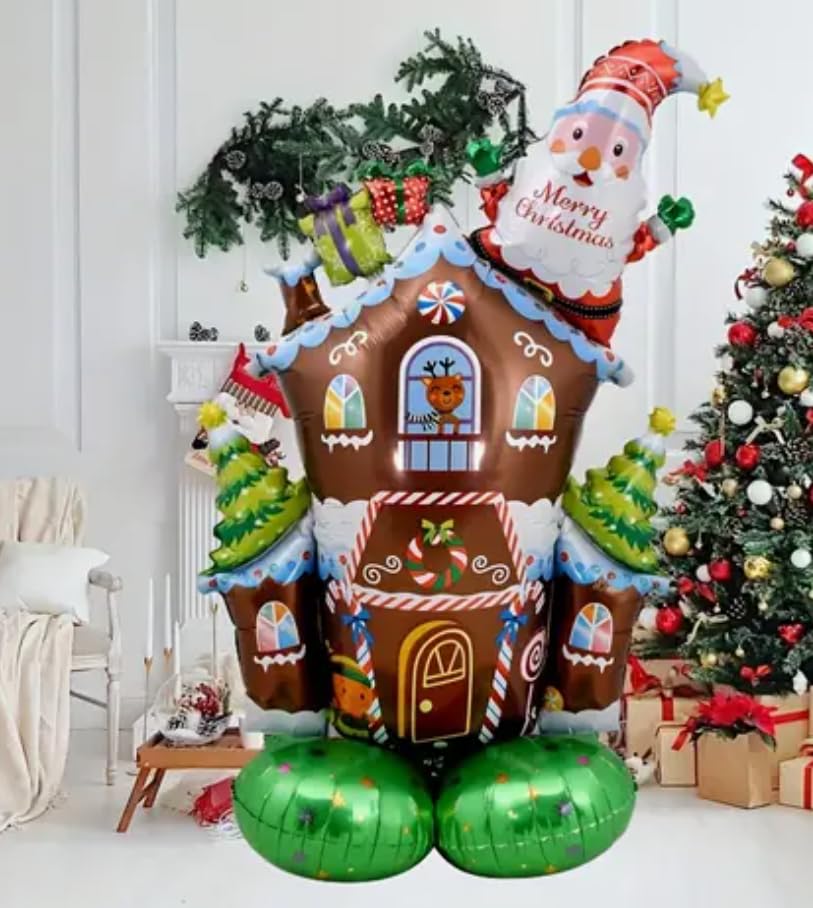 Atpata Funky Gingerbread Christmas House with Merry Christmas Santa Claus on Roof & Candy Gates Self Standing Foil Balloon with Balloon Base for Xmas Party Winter Decoration 5