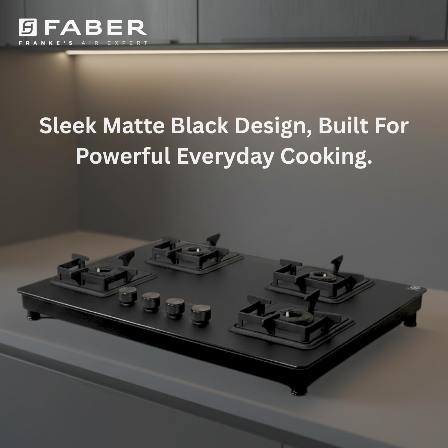 Faber Evoke 4 Burner 65Cm Cooktop |Auto Ignition| |Metal Knobs| MS Diamond Coated Pan Support | Matt Black Glass Finish |5 Yrs Warranty On Glass & Valve | 2 Yrs On Burner |COOKTOP Evoke 4BB BK CI AI 4