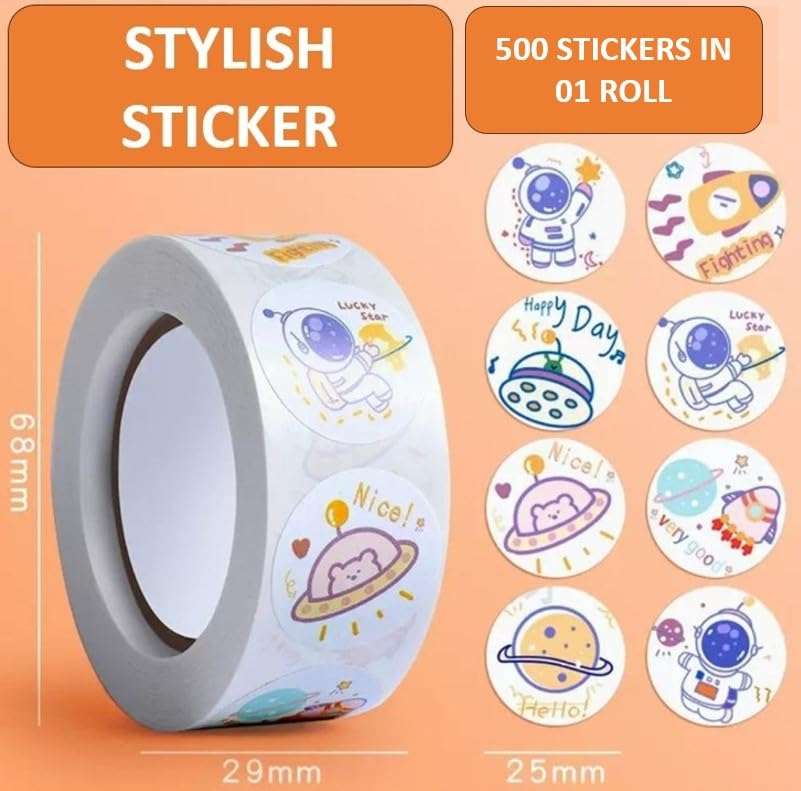 DCELLA Cute Space Rocket Theme Stickers Self Adhesive Sticker for Project 25 mm 500 Sheets Cute Washi Tape Stickers Roll (Pack of 1) 4