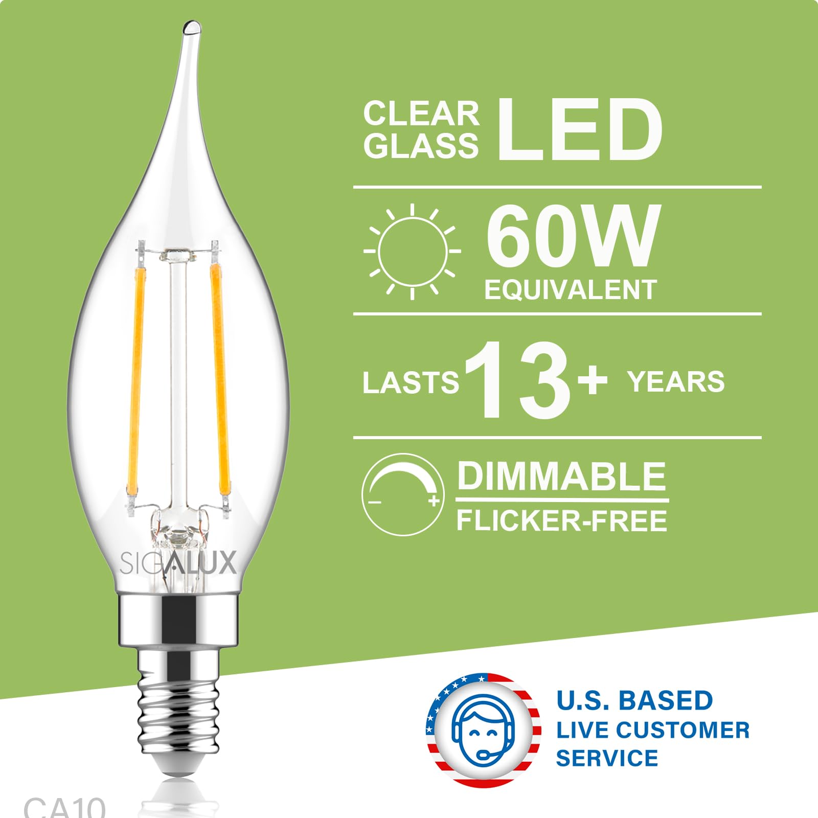 Sigalux E12 LED Bulb Candelabra Base 60 watt LED Chandelier Light Bulbs Dimmable, Flame Tip Candelabra LED Bulbs, 4.5W, 500LM 5000K Daylight, CA10 Candle Light Bulbs, 24 Packs 3