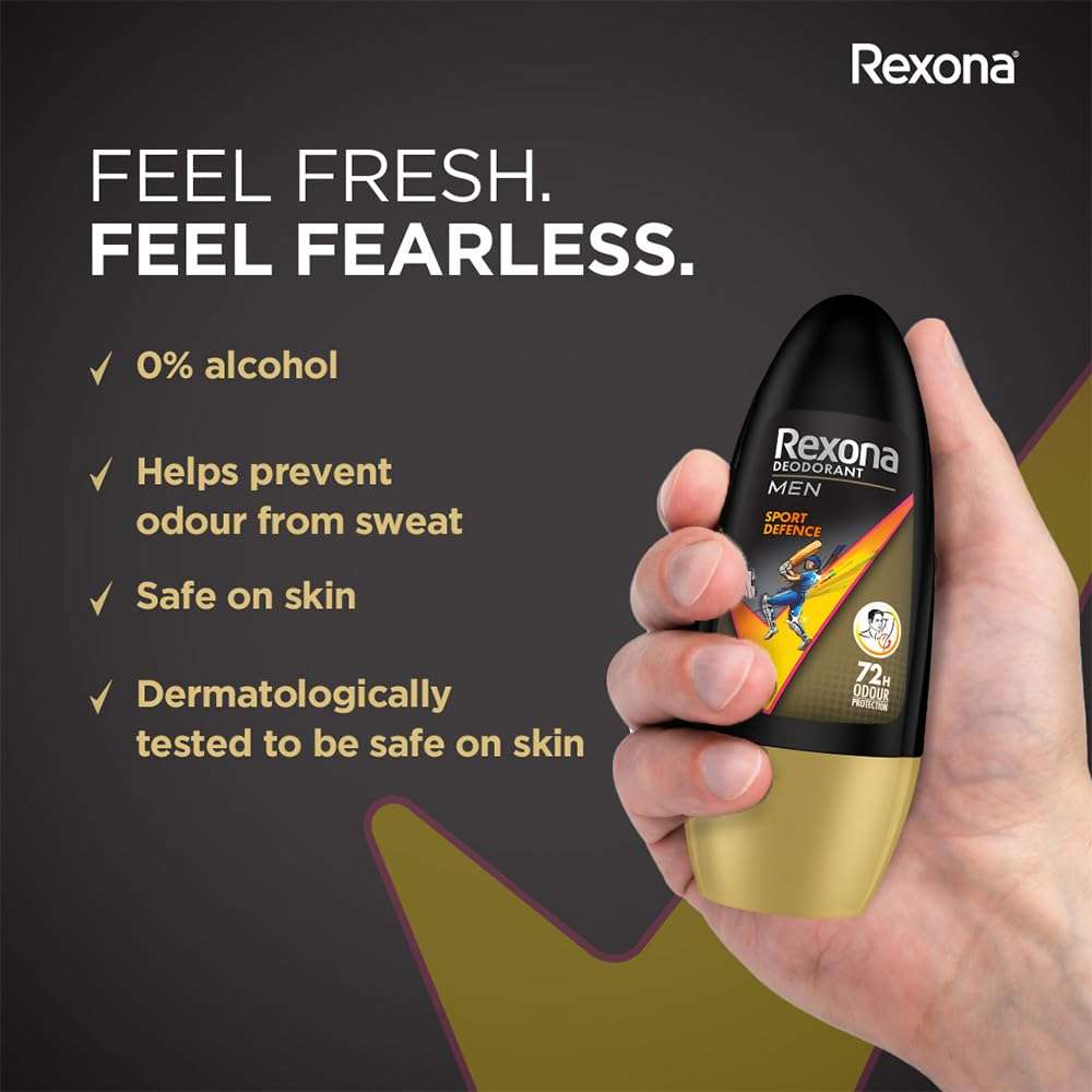 Rexona Men Sport Defence Underarm Roll-On Deodorant | 72 Hours Odour Protection with Fresh Masculine Scent | 0% Alcohol, Safe on Skin | 50 ML (Pack of 3) 6