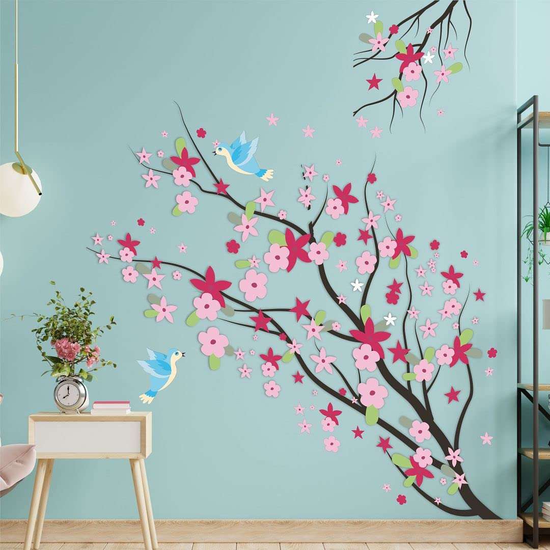 CVANU Colorful Flowers on Branch with Little Birds PVC Vinyl Wall Sticker for Wall Decoration Size(90cm x 90cm)_cv9 6