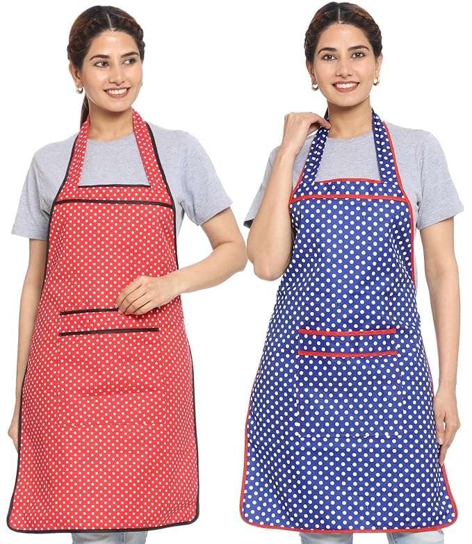 JMi Cotton Waterproof Kitchen Apron for Cooking – Washable Chef Apron for Men & Women | Printed, Polka Dot, Plus Size, Home & Cleaning Apron RED & BLUE (Free, MULTI - 1, 2) 1