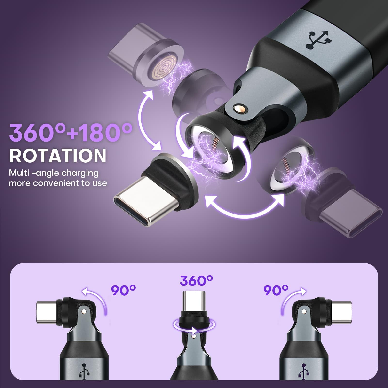 EndlesShine Magnetic USB A to Type-C/USB-C Adapter, 240W PD Fast Charging, 480Mbps Data Transfer, 540°Rotating Swivel Connector with LED Tips Port Protection 9-Pin 3