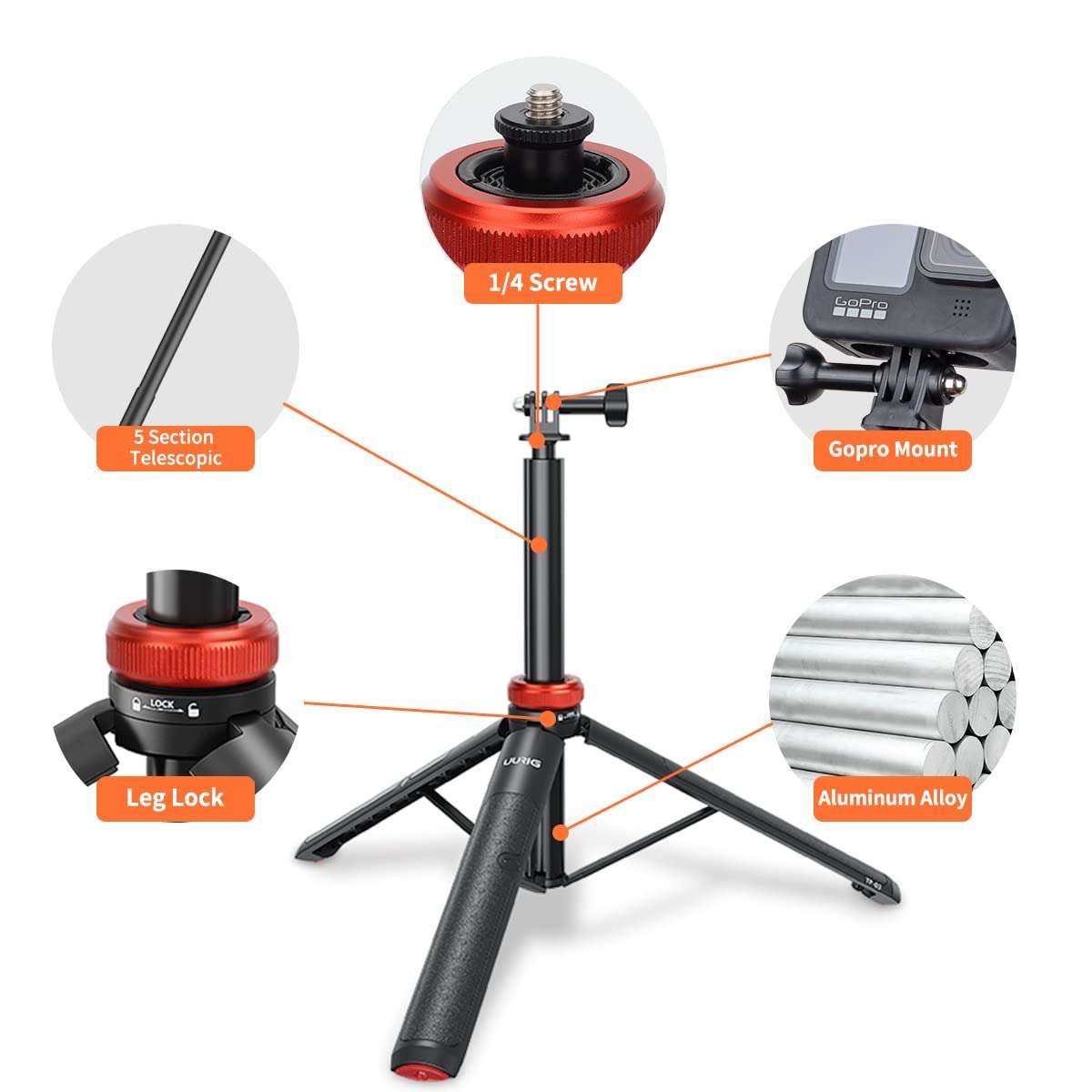 UURig Telescopic Selfie Stick Long with Tripod, Waterproof Hand Grip, for Insta360 GoPro Hero 10 9 8 7 6 5 4 3 2, Fusion, Max, Session, AKASO, SJCAM, DJI OSMO Action Cameras 4