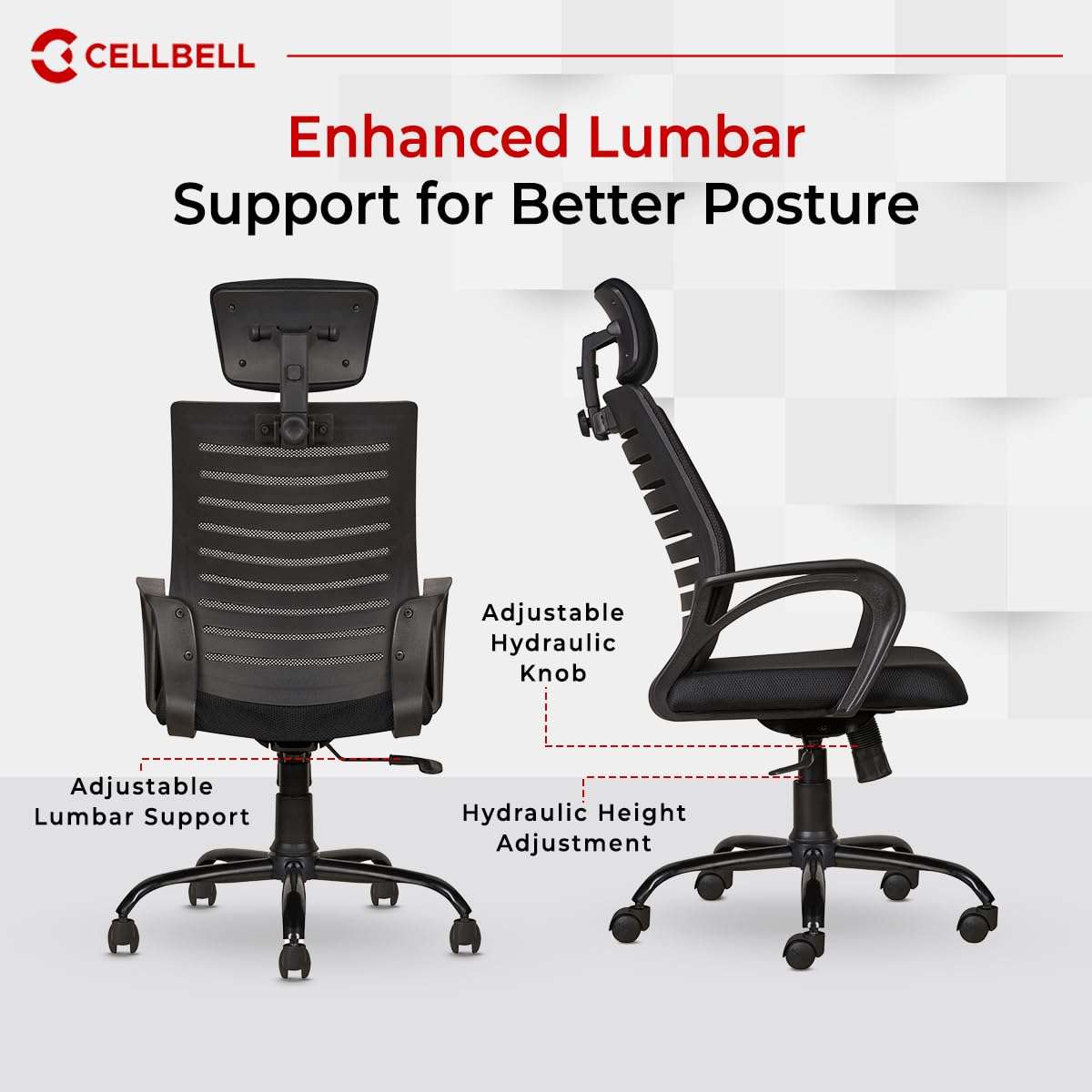 CELLBELL Desire C104 Mesh High Back Ergonomic Office Chair for Work from Home Metal Base Seat Height Adjustable Chair, Study Chair, Revolving Chair, Computer Chair- Black 5