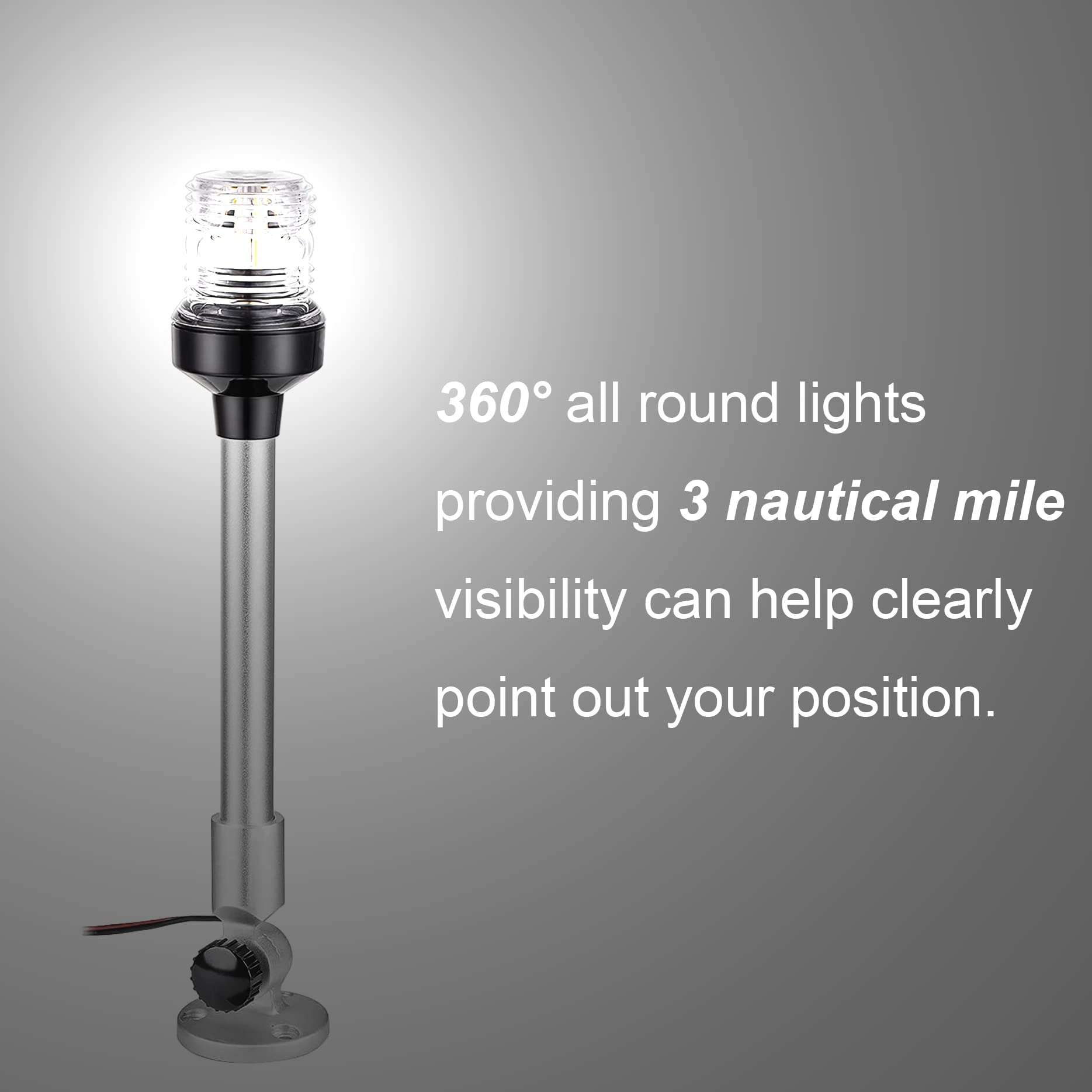 LYCAEA 24 inch 3 Nautical Mile Navigation Anchor Lights All Round 360° White LED With Aluminum Base and Tube, Extra LED Bulb Included, 12-24V 6