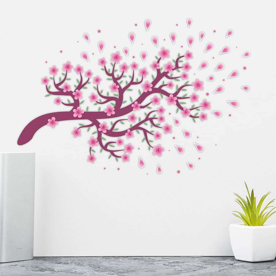KREEPO Pink Flower & Little Leaves Branch Self-Adhesive PVC Vinyl Wall Sticker for Wall Decor Size(60cm x 90cm)_kr5 5