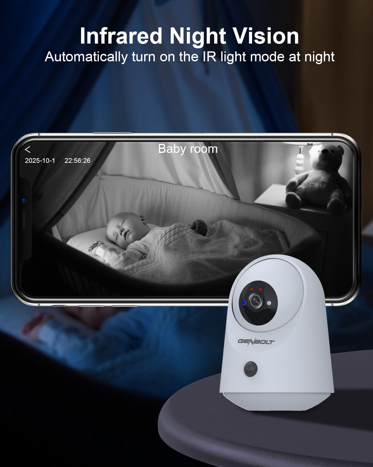 GENBOLT 2K WiFi Indoor House Security Camera Wireless, Pan Tilt Pet Camera with 5000mAh Battery Powered, IP Camera CCTV Nanny Dog Cam Baby Monitor with PIR Detection 5
