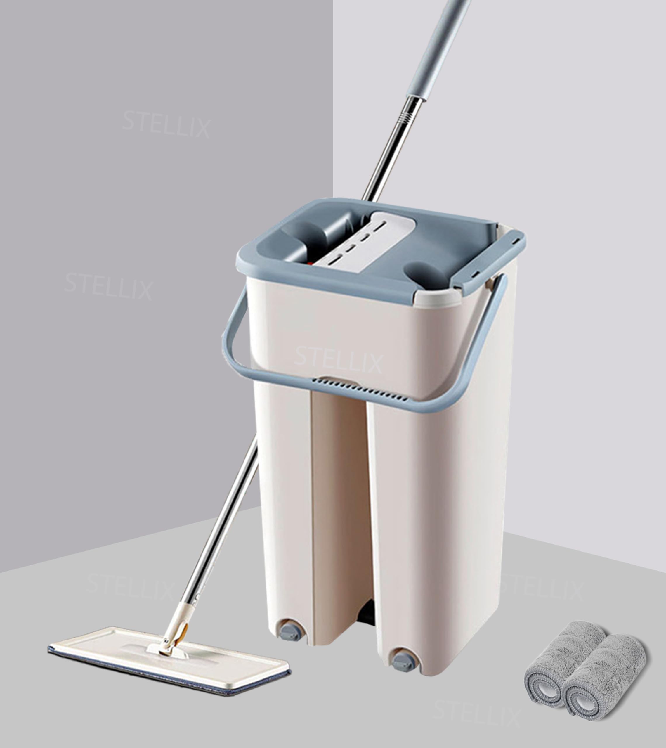STELLIX Moppers for Cleaning Floor| Mop Bucket for Home & Kitchen| Flat Mop with Telescopic Mopping Stick| Floor Cleaners Pocha Mob for Wet & Dry Cleaning Supplies with 2 Microfiber Pad| Small Beige 1