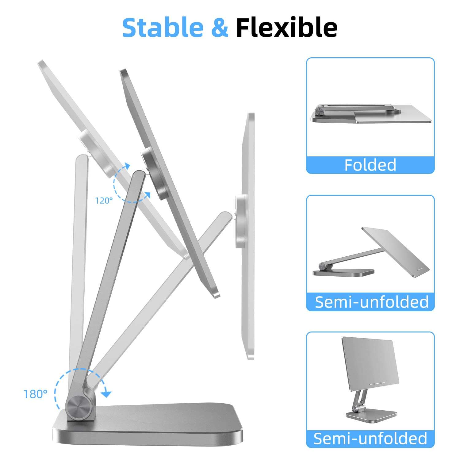 XUNMEJ iPad Pro Stand Magnetic, Updated Tablet Stand Holder, Foldable & Adjustable iPad Holder for Desk Heavy Base Holder for iPad Pro 11 Inch 1st/2nd/3rd/4th Gen & Air 4th 5th(Silver) 6