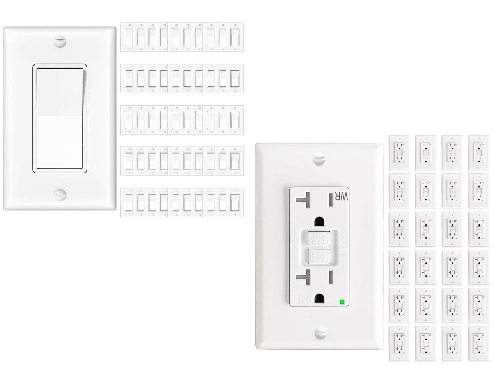 Amico 50 Pack 15A Single Pole Decorator Light Switch & Amico 24 Pack 20 Amp GFCI Outlet with Thinner Design, Weather Resistant (WR) 1